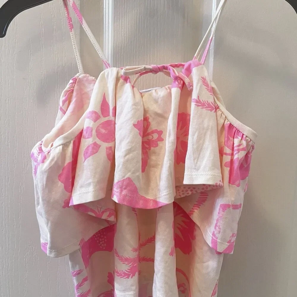 Zara Girls Pink Tropical Ruffle Crop Tank Floral Hawaiian Palm Trees SZ 8-9 NWT